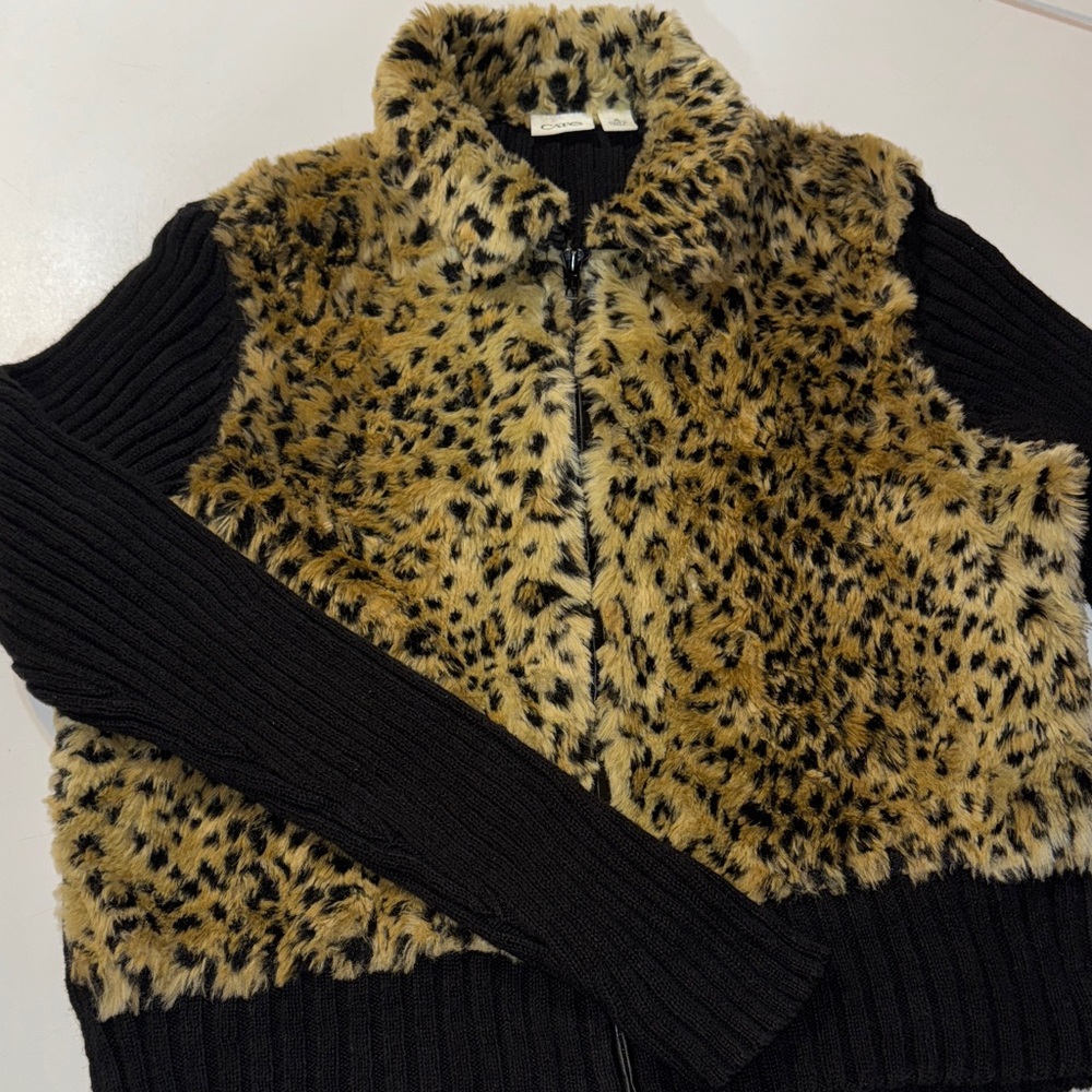 Cato Leopard Faux Fur Vest with Black Knit Jacket